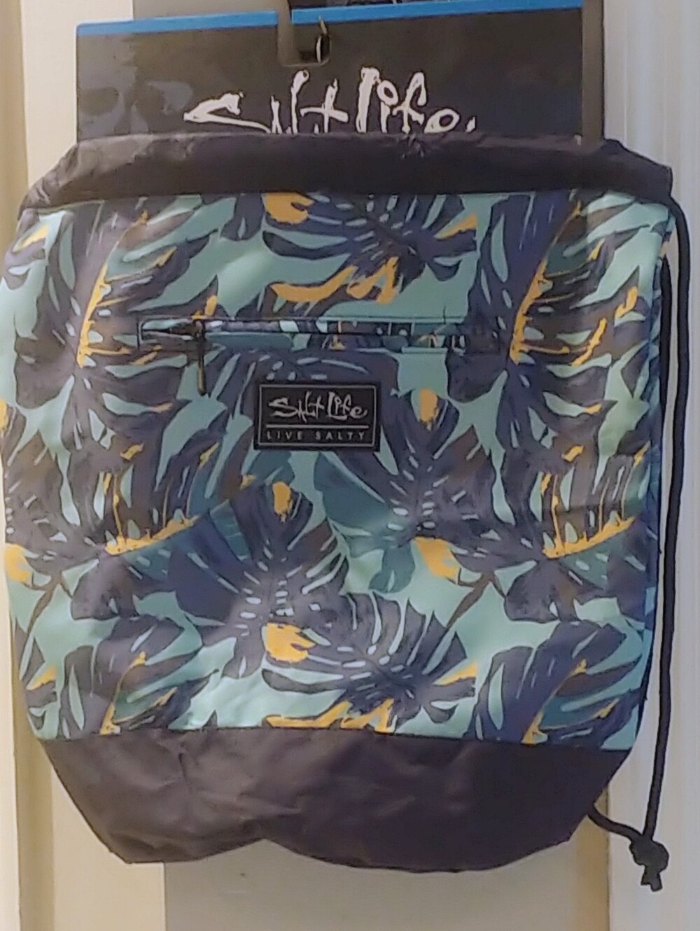 Salt Life Tropical Leaf Drawstring Backpack - Teal, Navy, Yellow